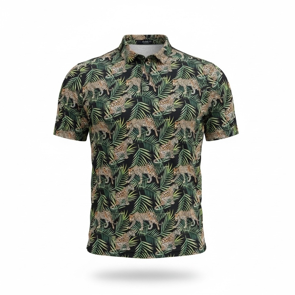 Bad Birdie Mens XXL Leopard Tropical Palm Print Golf Polo Shirt Black‎ Green Tan